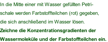 In die Mitte einer mit Wasser gefüllten Petri- schale werden Farbstoffteilchen (rot) gegeben,   die sich anschließend im Wasser lösen.  Zeichne die Konzentrationsgradienten der  Wassermoleküle und der Farbstoffteilchen ein.