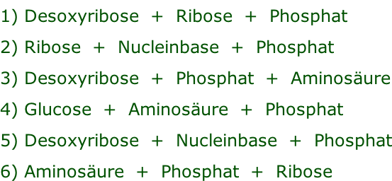 1) Desoxyribose  +  Ribose  +  Phosphat 2) Ribose  +  Nucleinbase  +  Phosphat 3) Desoxyribose  +  Phosphat  +  Aminosäure 4) Glucose  +  Aminosäure  +  Phosphat 5) Desoxyribose  +  Nucleinbase  +  Phosphat 6) Aminosäure  +  Phosphat  +  Ribose